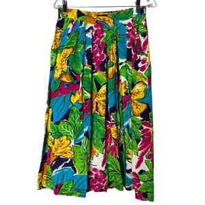 Vintage Retro tropical colourful midi skirt elastic waist & pockets size medium